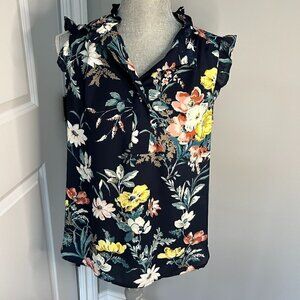 Loft Navy Blue Floral Flutter Sleeve Sleeveless Top EUC Size M